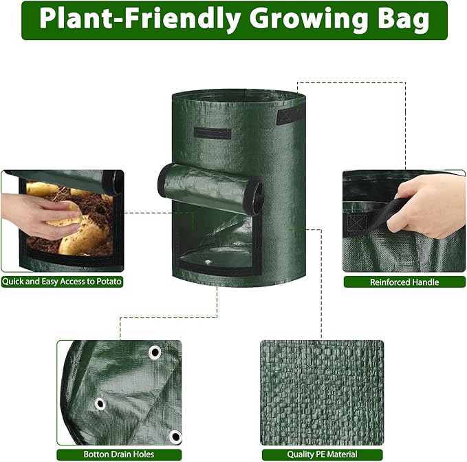 JJGoo Potato Grow Bags, 3 Pack 10 Gallon with Flap and Handles Planter Pots for Onion, Fruits, Tomato, Carrot - Green
