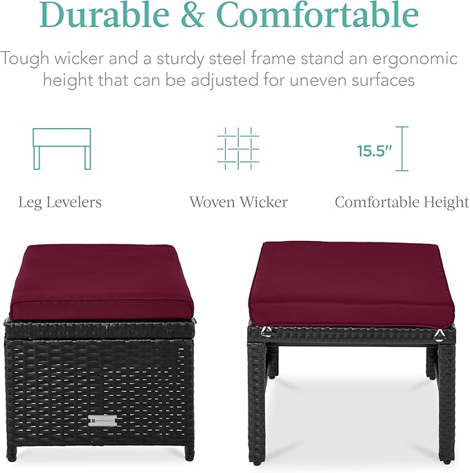 Best Choice Products Set of 2 Wicker Ottomans, Multipurpose Outdoor Furniture for Patio, Backyard, Additional Seating, Footrest, Side Table w/Removable Cushions, Steel Frame - Deep Burgundy/Black