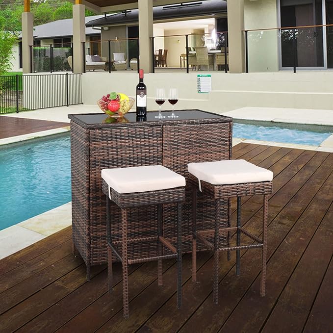 Outvita Wicker Patio Outdoor Bar Set with Glass Top Table and Two Cushioned Stools Brown Backyard Furniture Poolside, Garden, Porches