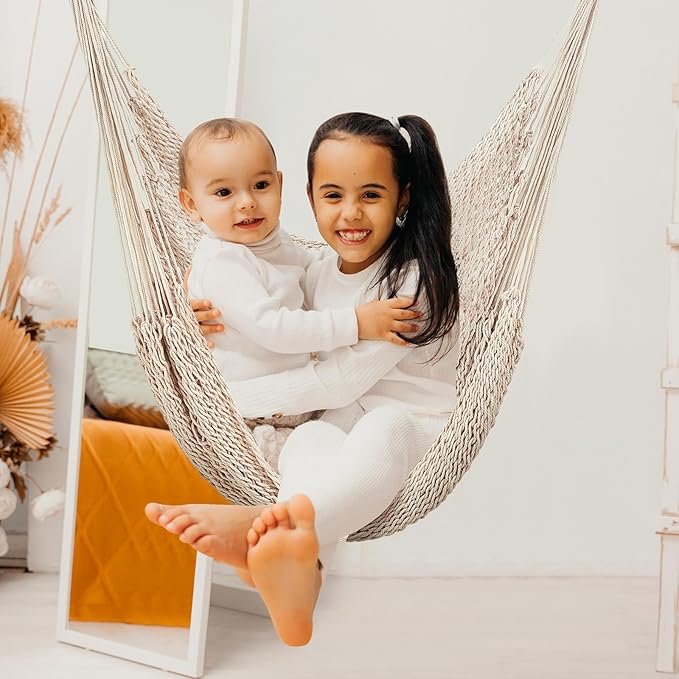 Barydat 2 Pcs Hanging Hammock Chair Boho Swing Chair Indoor Outdoor Cotton Rope Weaving Chair with 40 Inch Detachable Metal Bars for Backyard Living Room Bedroom Garden(Beige)