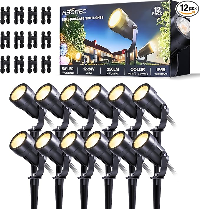 HIBOITEC 12 Pack Low Voltage Landscape Lighting, 5W LED Landscape Spotlights with Fastlock Connectors, 2900K Warm White, 12-24V AC/DC Outdoor Waterproof Spot Light for Trees, Yard & Walls,CRI92+