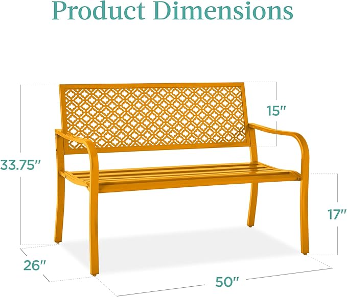 Best Choice Products Outdoor Bench 2-Person Metal Steel Benches Furniture for Garden, Patio, Porch, Entryway w/Geometric Backrest, 790lb Capacity - Marigold