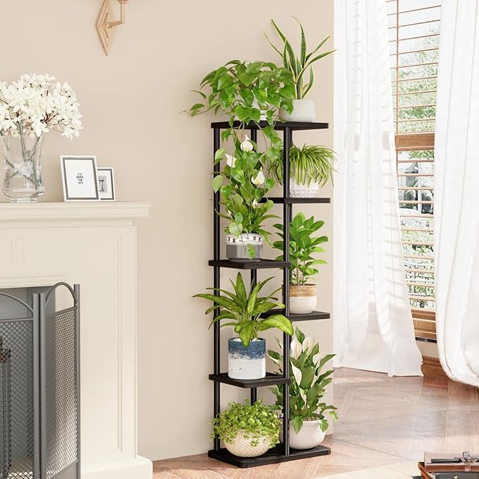 Bamworld Tall Plant Stand Indoor, 6 Tier Metal Plant Shelf for Multiple Plants, Tiered Flower Pot Stands for Patio Garden Balcony Living Room Bedroom, Black