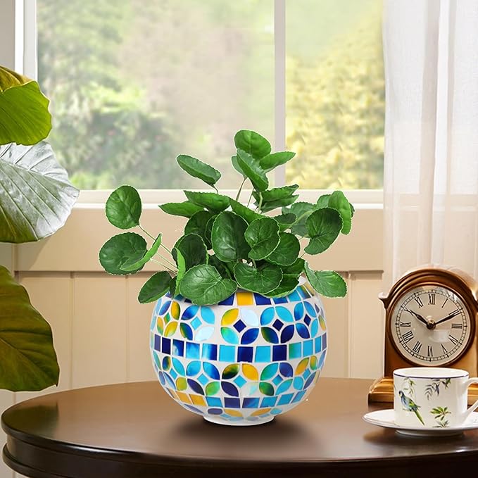 Ceramic Hanging Planter Mosaic Hanging Flower Pot Small Plant Pot for Indoor Plant Disco Ball Planter with Drainage Square Blue