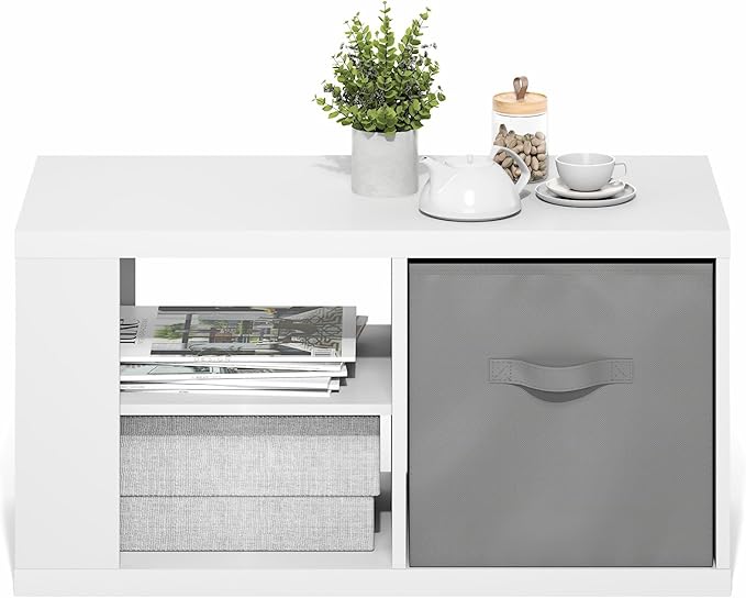 Furinno Viola Coffee Table, 3-Tier Modern Coffee Table with 1.2 Thick Tabletop, Side Table with Open Shelf and Storage Bin, for Living Room, Bedroom, Home Office, White/Light Grey