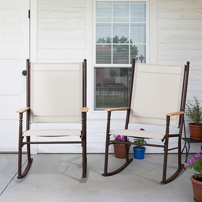 Shintenchi 2 Pcs Outdoor Rocking Chairs Set,Upgraded High Back Patio Rocking Chairs Set,Breathable Textilene Fabric Rocking Chair for Porch,Patio,Garden,Balcony,Creamy White