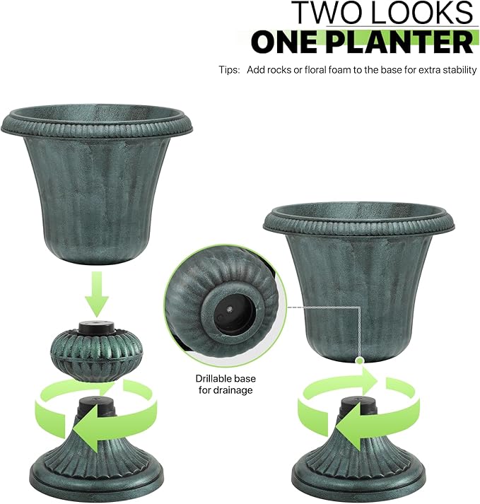 Magshion 20" Urn Planters for Outdoor Plants, Large Decorative Front Porch Planters Set of 2, Weatherproof Tall Plastic Flower Pots for Garden, Patio & Entryway Décor, Antique Green