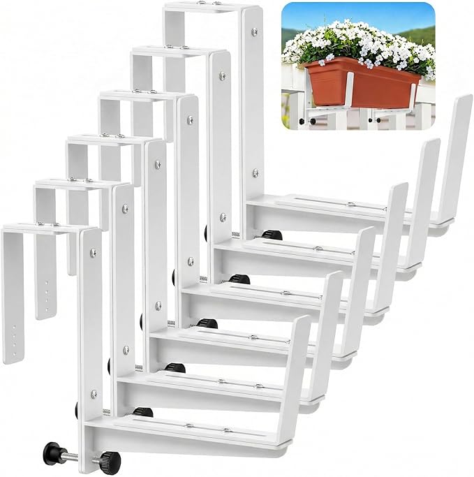 Window Box Brackets, Adjustable Planter Box Brackets, Heavy Duty Iron Flower Box Brackets for Railings, with Enhanced Bottom Support - Perfect for Balconies, Fences, and Gardens (White, 6 Pack)