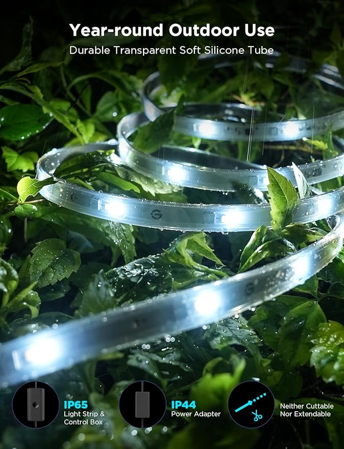Govee Outdoor LED Strip Lights RGBIC with Warm and Cold White, 65.6ft 2.4G WiFi Smart Outdoor Lights, IP65 Waterproof, Work with Alexa and Google Assistant, App Control, for Porch, Patio, Eave, Party