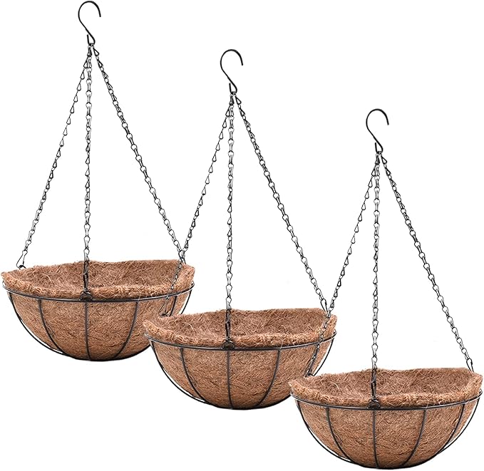 Hanging Planters Basket Set of 3 Hanging Flower Pots 10 Inch Chain Round Wire Plant Holder with Coco Coir Liner Garden Watering Hanging Baskets for Patio Garden Outdoor1