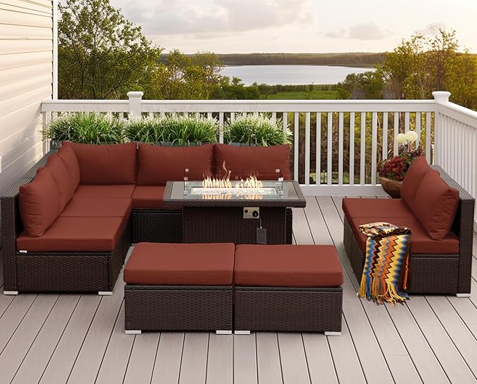 NICESOUL 10 Pieces Outdoor Patio Furniture Set with Fire Pit Table Natural Gas/Propane, 29.3'' High-Back Big Sectionals PE Wicker All Weather Conversations, Brown Rattan and Burgundy Cushion