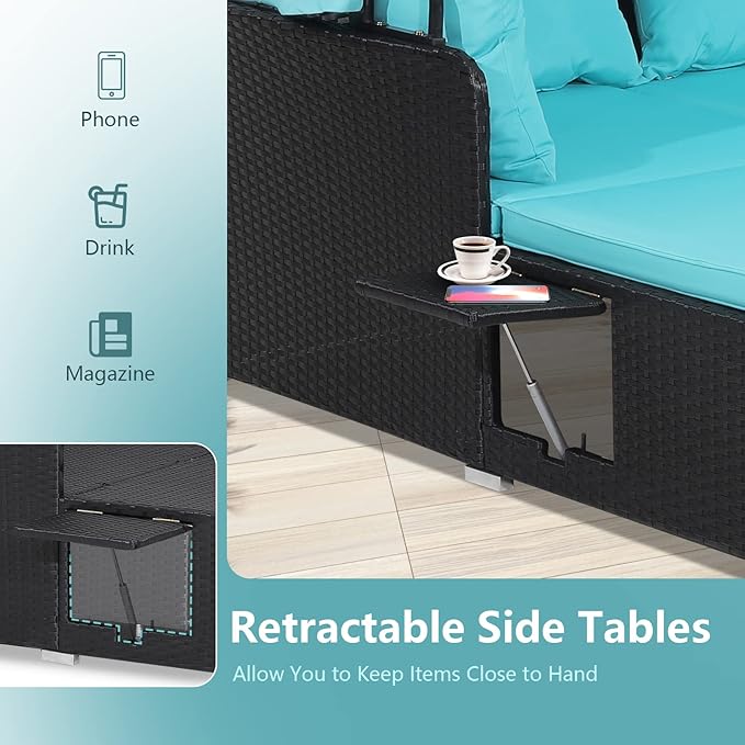 COSTWAY Outdoor Daybed with Retractable Canopy, Wicker Patio Furniture Set with Cushioned Pillows, Patio Rattan Daybed for Deck, Backyard, Poolside (Turquoise)