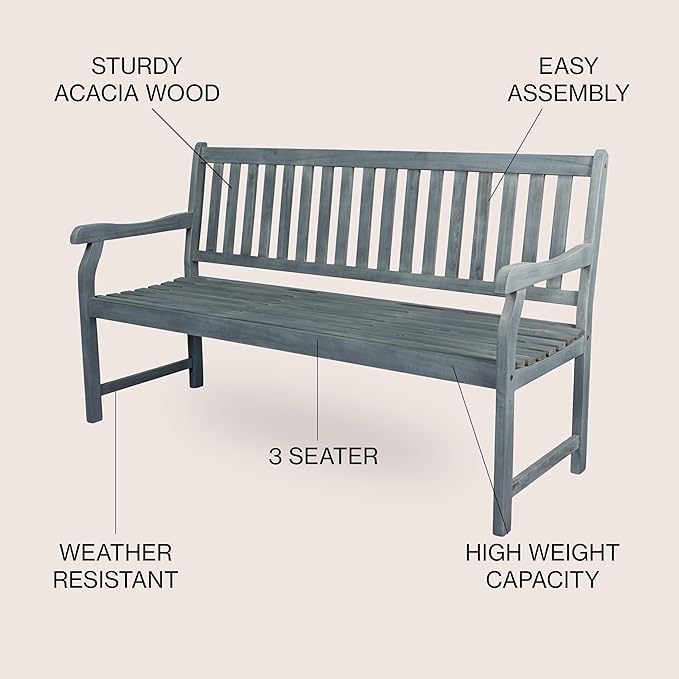 JONATHAN Y BNH101B Laurel 59.1" 3-Seat Slat-Back 600-Lbs Support Acacia Wood Outdoor Garden Patio Bench for Garden, Lawn, Backyard, Pool, Deck, Beach, Firepit, Gray