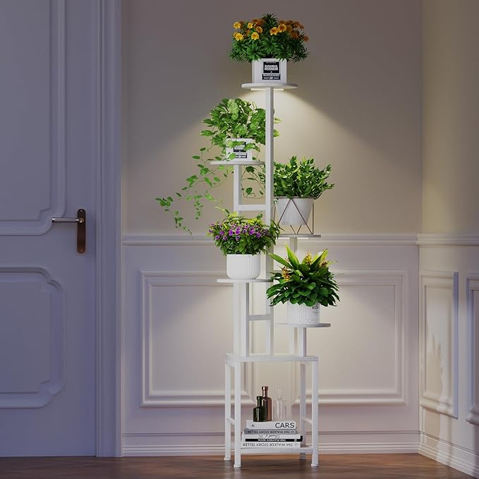 Plant Stand Indoor with Grow Light, 6-Tiered Tall Plant Stand Indoor, Metal Plant Shelf with Hanging Basket Hook and Adjustable Light, Ideal for Living Room, Garden, Round Patio white