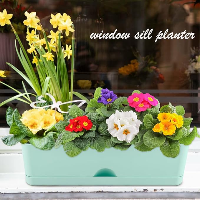 6 Pack Rectangle Planter 16x4.4 Inch Window Boxes Planters Rectangular Large Window Sill Planters Indoor Self Watering Plant Pots with Drainage Holes and Saucers Succulent Herb Flower Pots, Blue