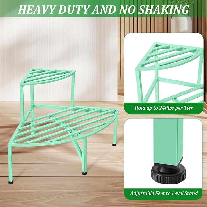 Corner Plant Stand Outdoor Metal,2 Tier Heavy Duty Ladder Plant Shelf Indoor for Multiple Plants,37.08" L x 22.83" W x 20.07" H,Mint Green