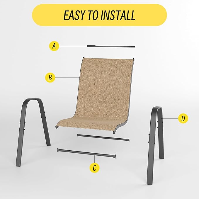 Betterhood Patio Chairs Set of 2, Stackable Outdoor Dining Chairs Set with Breathable Seat Fabric, All-Weather Powder-Coated Metal Frame for Deck, Pool Side and Backyard, 350LBS Capacity (Khaki)
