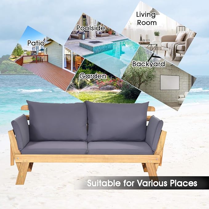 Tangkula Convertible Acacia Wood Patio Couch Sofa Bed with Adjustable Armrest, Outdoor Daybed with Cushion & Pillows, Outside Folding Futon Sofa Couch Bench for Porch, Courtyard, Poolside & Garden
