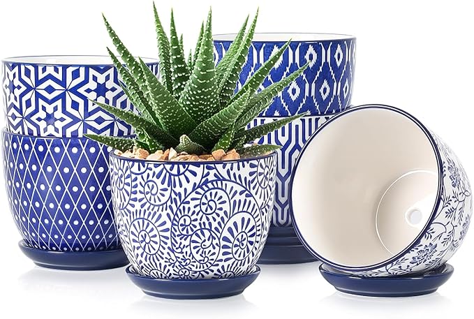 Selamica Ceramic Succulent Pots, 4.6 Inch Small Plant Pots with Drainage Holes & Saucers, Succulent Planters for Indoor Plants Cactus, Home Decor, Set of 6, Vintage Blue