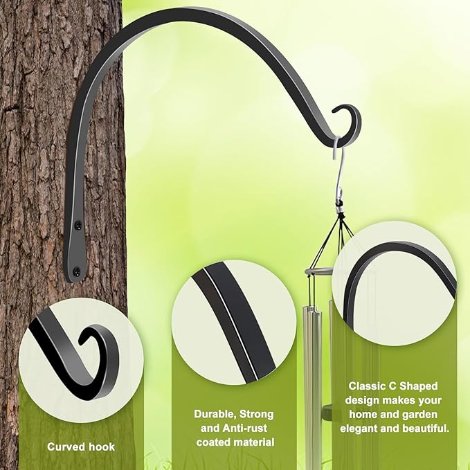 FEED GARDEN 2 Pack 10 Inch Hanging Plant Bracket Wall Hooks Decorative Plant Hangers for Outdoor Hanging Bird Feeders, Wind Chimes, Plant Baskets, Black