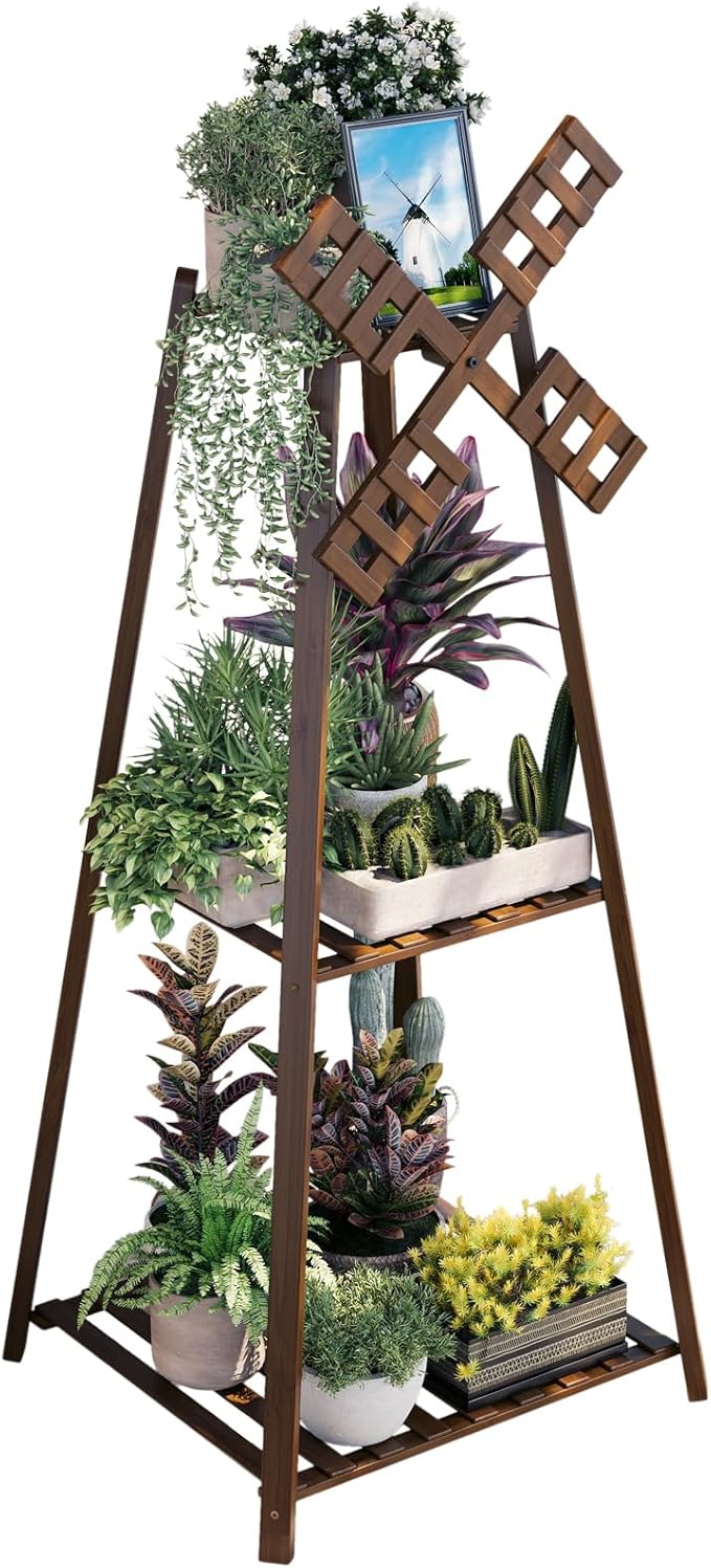 COPREE 3-Tier Tower Plant Stand Display Rack with Windmill Top,Bamboo Vintage Flower Pot Holder Shelf for Patio Balcony Decoration