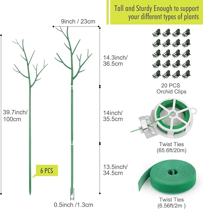 6 Pack Plant Support Stakes for Indoor Plants, 39.37 Inch Tall Twig Plant Sticks with Orchid Clips Twist Ties and Plant Ties for House Potted Monstera Plants Support, Green
