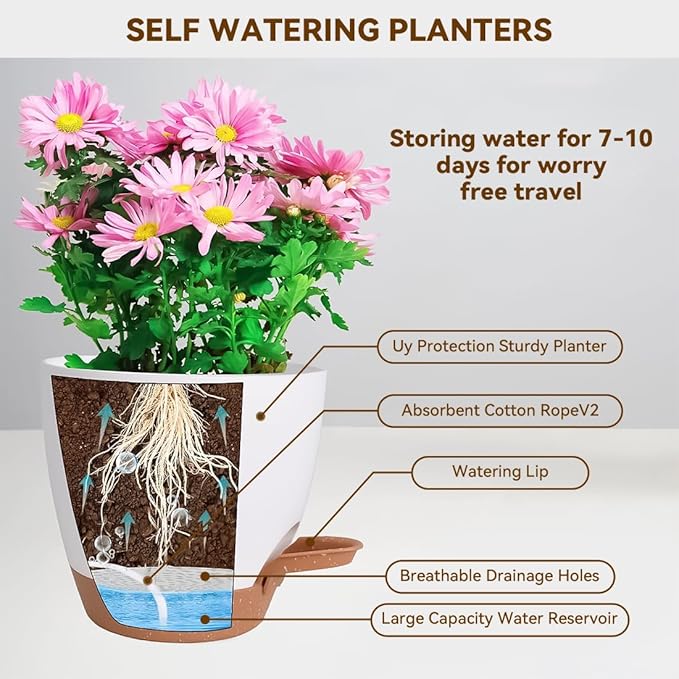 7/6.5/6/5.5/5 Inch Self Watering Pots, Plastic Flower Pots with Multi Mesh Drainage Holes and Deep Reservoir for Indoor Outdoor Garden Plants and Flowers (White, 5/5.5/6/6.5/7)