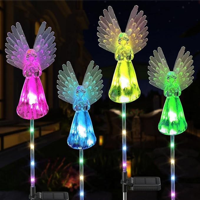 4 Pack Solar Angel Lights Outdoor Decor, Decorative Color Changing Waterproof LED Angel Stake Lights for Cemetery Grave Garden Patio Yard Art Lawn Decoration, Grave Markers, Memorial Gifts