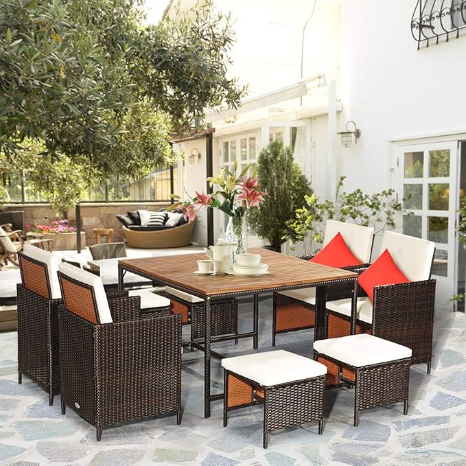 Tangkula 9 Pieces Patio Acacia Wood Table and Chairs Set with Umbrella Hole, Outdoor Space Saving Outdoor Dining Set,for Garden,Yard,Poolside