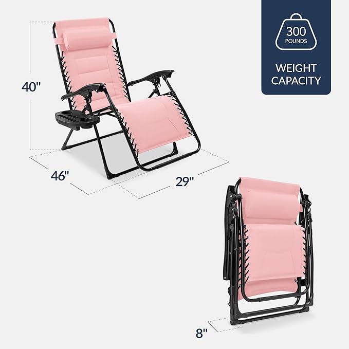 Best Choice Products Oversized Padded Zero Gravity Chair, Folding Outdoor Patio Recliner, XL Anti Gravity Lounger for Backyard w/Headrest, Cup Holder, Side Tray, Polyester Mesh - Bubblegum Pink