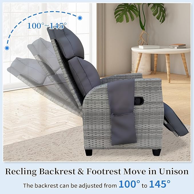 Wicker Outdoor Recliner | 145° Wicker Patio Reclining Chair with 4" Cushion | Air Pump Adjustable Backrest & Footrest, Flip-up Table & Side Pocket for Yard Patio Porch (Gray)