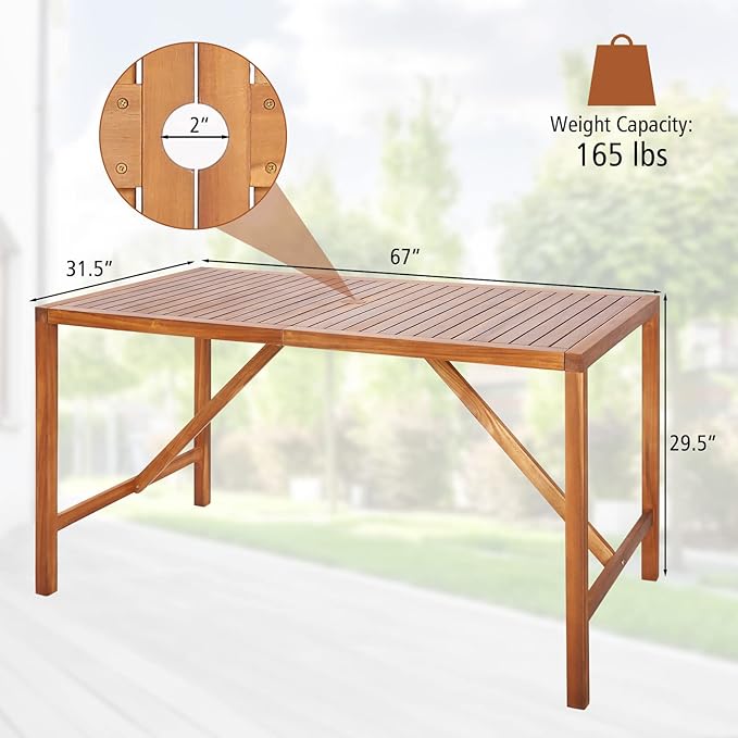 Tangkula 67" Acacia Wood Outdoor Dining Table for 6, Rectangle 6-Person Patio Table with 2" Umbrella Hole & Spacious Slatted Tabletop, Indoor Outdoor Dining Furniture for Deck, Garden, Poolside & Yard