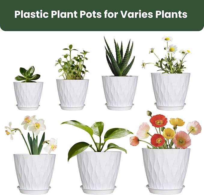 Flower Pots, 7/6.5/6/5.5/5/4.5/4 inch Plastic Plant Pots, 7 Pack Planter for Indoor Outdoor Plants, Nursery Planting Pot with Drainage Holes and Trays (White)