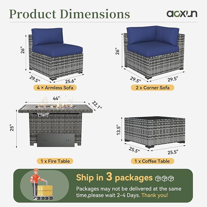 Aoxun 8 Piece Patio Furniture Set with 44'' Fire Pit Table Wicker Rattan Patio Conversation Set Outdoor Sectional Sofa Set with Coffee Table, Grey/Blue(Waterproof Cover Included)