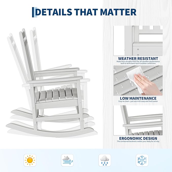 GarveeLife Poly Lumber Rocking Chair Outdoor Set of 2 - HDPE High Back Porch Rocker Chairs for Adults - All Weather Resistant Furniture for Patio - White