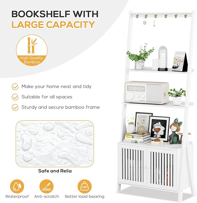 4-Tier Ladder Shelf with Drawers 59.5"H x 24.8"L x 10.6"W, Ladder Bookshelf with 6 Hooks, Tall Narrow Retro Bookcase, Freestanding Storage Shelf for Living Room, Home Office, Bedroom, White