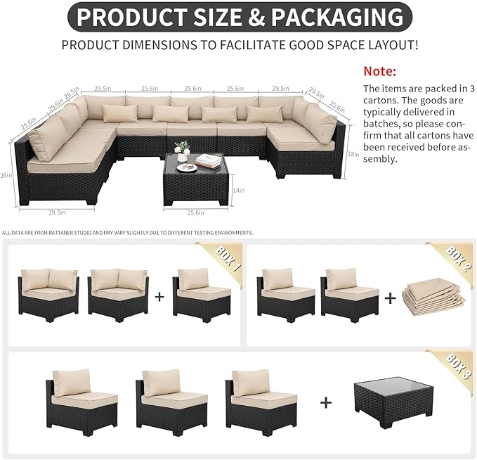9 Pieces Outdoor Sectional All-Weather Wicker Patio Furniture Set Patio Sectional Glass Patio Table Non-Slip Cushions and Waterproof Covers, Khaki