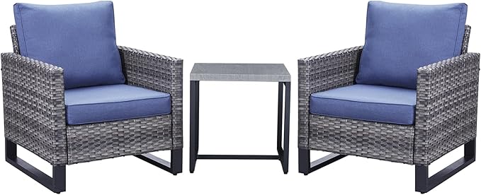 Belord Outdoor Bistro Set 3 Piece Outdoor Wicker Patio Chairs, Oversize Outdoor Rattan Seating Set, All-Weather Chairs Wicker Furniture with Metal Side Table and Water-Resistant Cushion for Outside