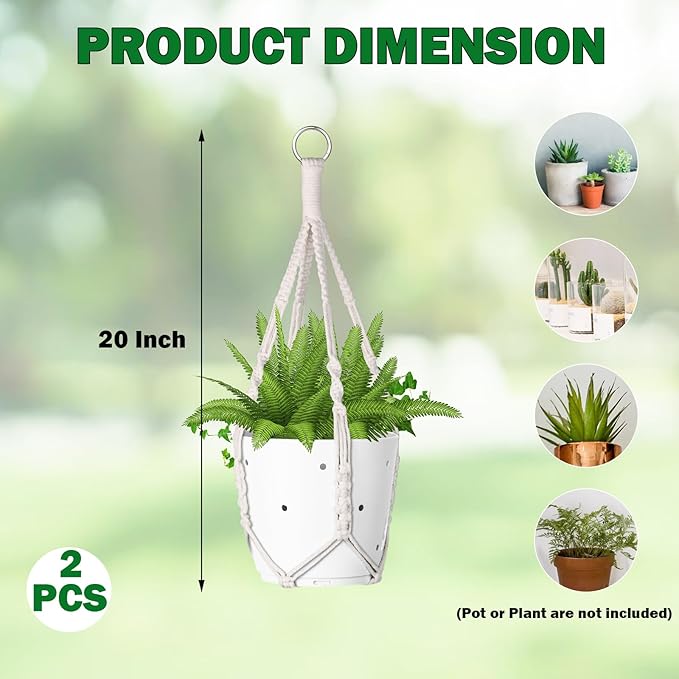 garini 2 Pack 20 Inches Macrame Plant Hanger Rope to Hang Flower Pot Plant Hanger for Indoor Outdoor Decoration, 4 Legs(POTS NOT Included)