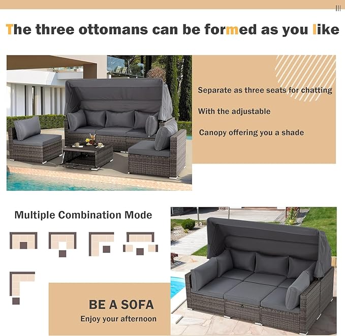 HOMREST 6 Pieces Patio Furniture Sets, Outdoor Daybed with Canopy, Rattan Outdoor Sectional Sofa Set with Adjustable Backrest, Chaise Chair Sunbed for Garden Poolside Backyard（Gray）