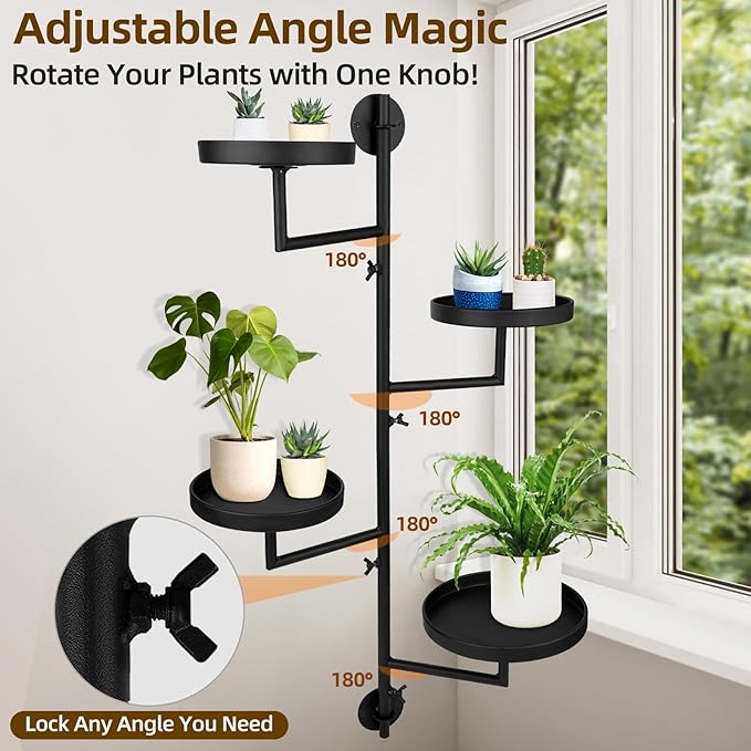 Rotating Window Plant Shelves with Adjustable Knobs, 4 Tiers Metal Wall Shelf for Plants Indoor, Sturdy Hanging Plant Holder, Window Wall Decor & Gardening Gifts (Black)