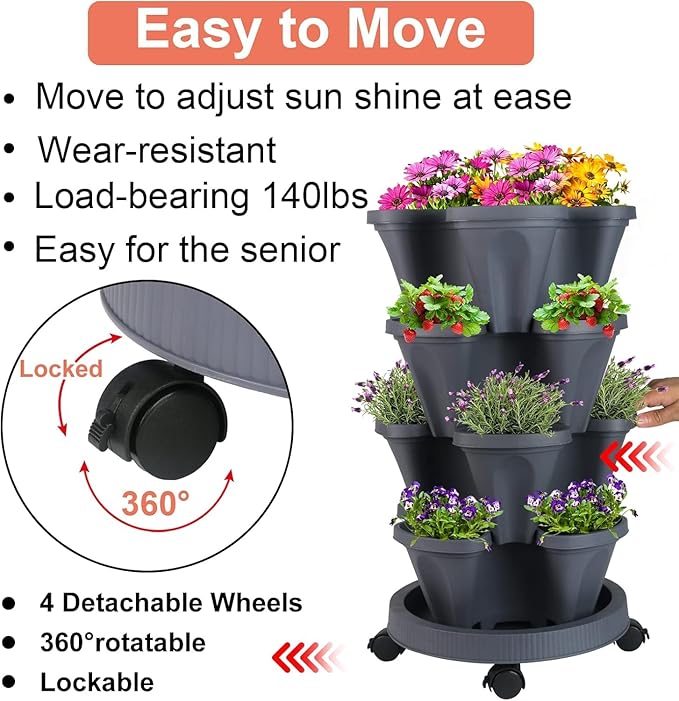 Vertical Planter 4 Tier Stackable Planters Garden Planters Strawberry Herb Flower and Vegetable Planter Indoor Outdoor Gardening Pots with Removable Wheels and Tools