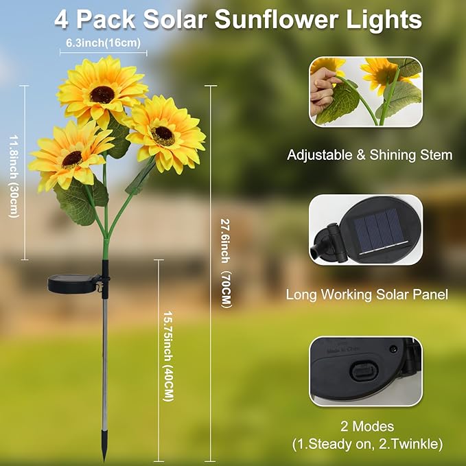 echosari 4 Pack Solar Lights Outdoor Waterproof, Sunflower Solar Stake Lights Auto ON/Off Solar Garden Decorative Lights for Lawn Pathway Landscape Birthday Gifts for Mom Women