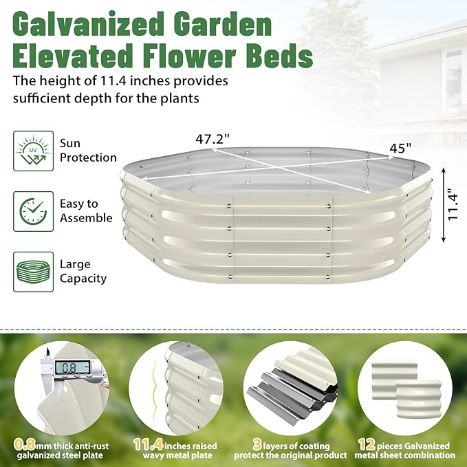 Hexagon Raised Garden Bed, 48 Inch Diagonal & 12 Inch Tall, Galvanized Steel Planter Box with Wave-Shaped Metal Panels for Outdoor Flower,Tree,Herb & Vegetable Garden (Cream white, 4FT X 1FT)
