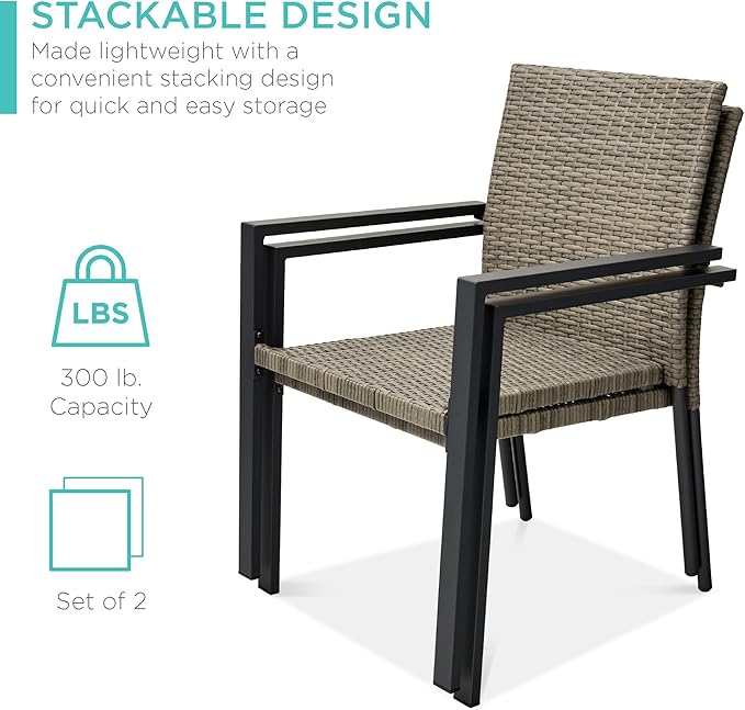 Best Choice Products Set of 2 Stackable Outdoor Wicker Dining Chairs All-Weather Firepit Armchair w/Armrests, Steel Frame for Patio, Deck, Garden, Yard - Taupe