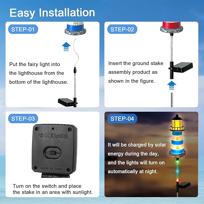 4 Pack Lighthouse Solar Lights,7 Light Color Changes,IP65 Waterproof Solar Pathway Lights for Garden,Lawn,Outdoor Lighthouse Decor
