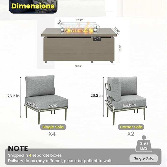 Sundale Outdoor 7 Pieces Patio Furniture Set with Fire Pit Table, L-Shaped Outdoor Sectional Sofa with 6 Inch Olefin Cushion, All-Weather Modern Metal Outdoor Conversation Sets for Backyard, Poolside