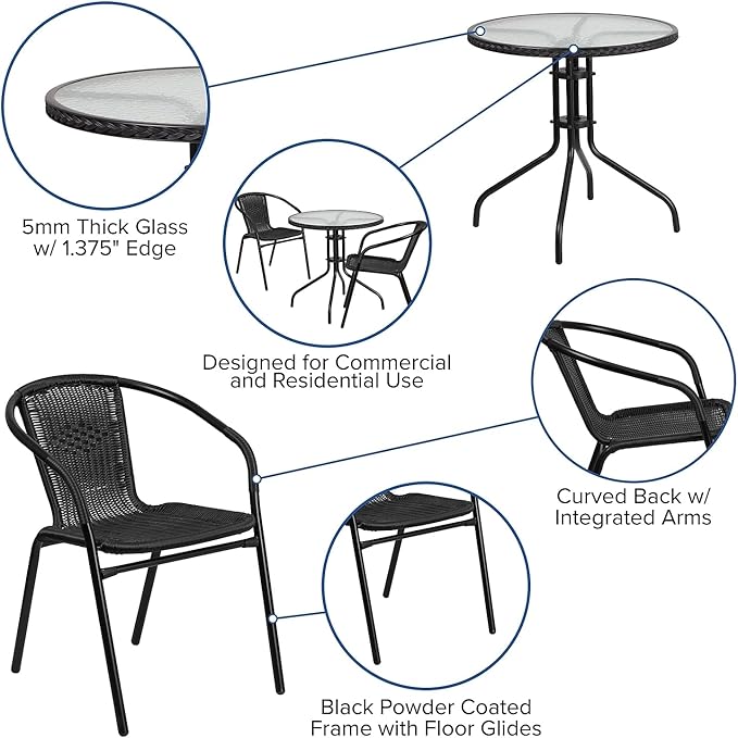 Flash Furniture Lila 28'' Round Glass Metal Table with Black Rattan Edging and 2 Black Rattan Stack Chairs