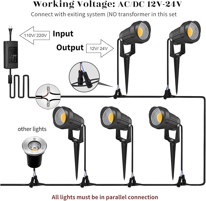 12W LED Landscape Lights Low Voltage, 3000K Warm White 12V AC/DC Waterproof Outdoor Spotlights, IP65 Garden Pathway Lights with 8 Spike Stands for Tree Garden Yard Pathway (8 Pack)