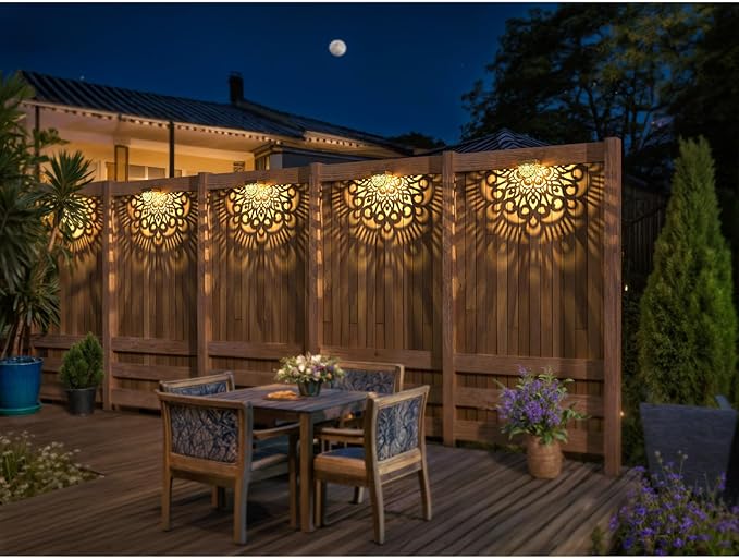 6 Pack Solar Fence Lights Outdoor Wall Lights Gold Plastic Solar Powered Deck Step Stair Lights Mandala Theme Waterproof Fence Solar Light for Garden Post Patio Backyard Yard Decor